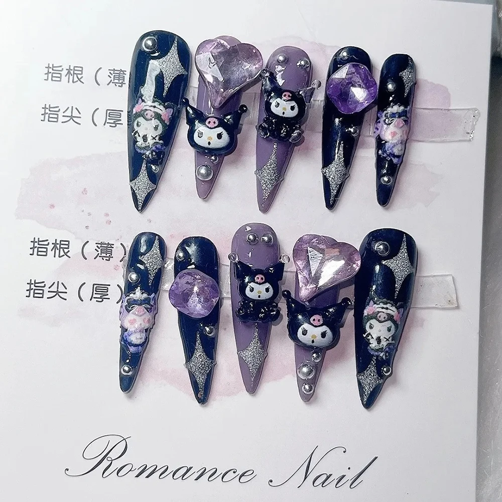 10Pcs Hot Sale Kawaii Sanrio Hello Kitty Kuromi Fake Nail Art Handmade 3D Bowknot Rhinestone Removable Nail Art Girls Gift 4