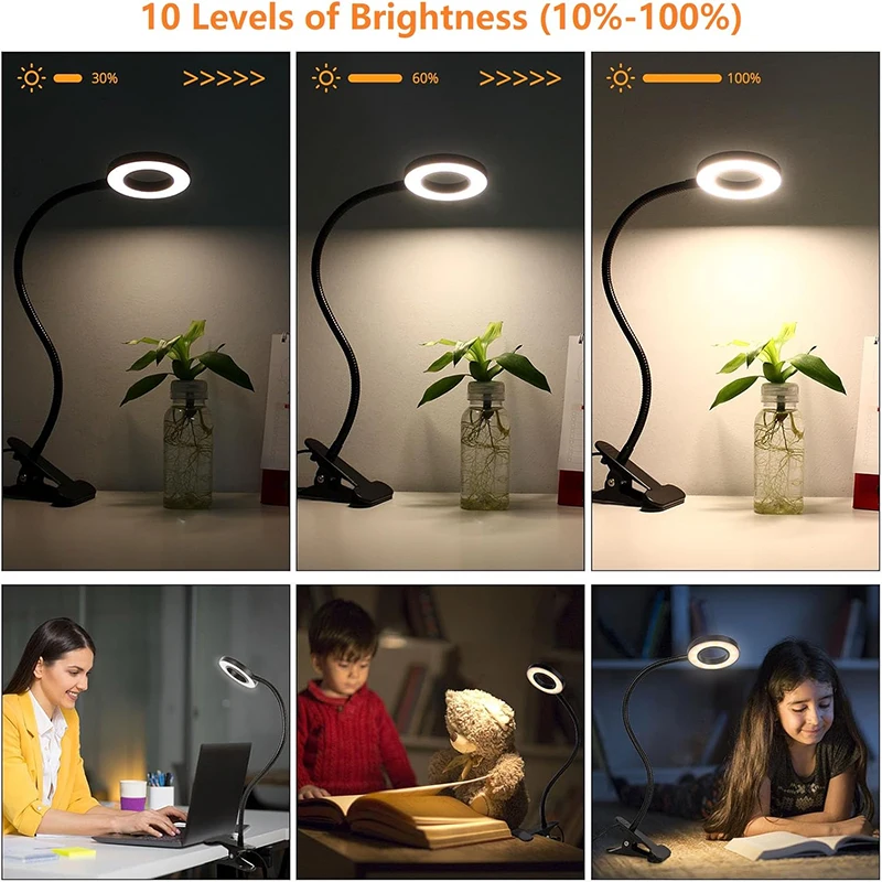 Adjustable Clip-On Desk Lamp with 10 Brightness Levels and 3 Light Modes