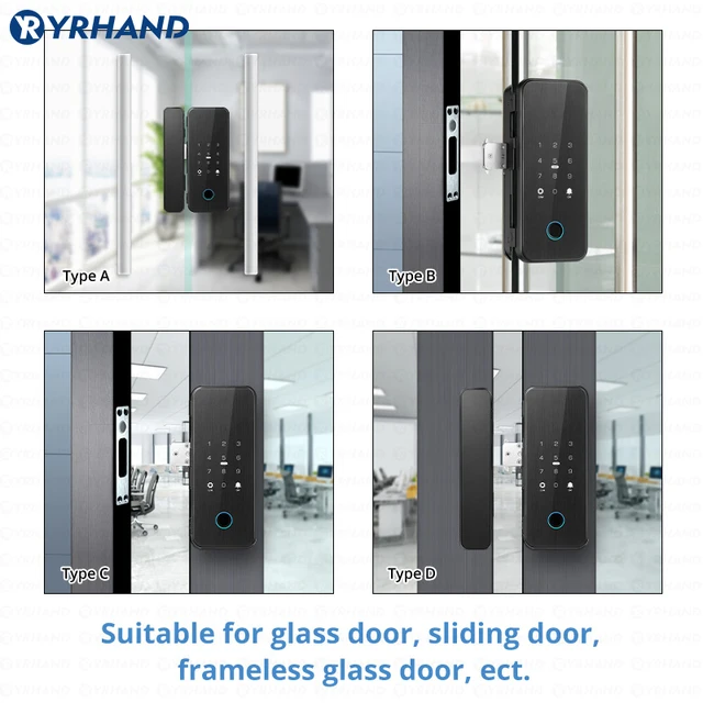 YRHAND Drill free Bluetooth Biometric Fingerprint RFID Card Code Remote Control Tuya App Electronic Smart Glass Door Lock 3
