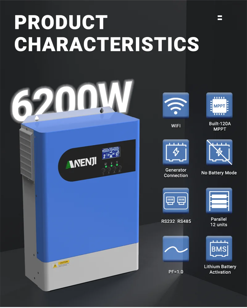 ANENJI 6,2 kW 48 V paralleler Hybrid-Solarwechselrichter 230 VAC MPPT Photovoltaik-Wechselrichter reine Sinuswelle PV 500 VDC 120 A Solarladegerät – Detail 8
