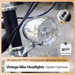 Vintage Rechargeable Bike Headlight - Classic 3 LED Front Light (Rechargeable Silver)