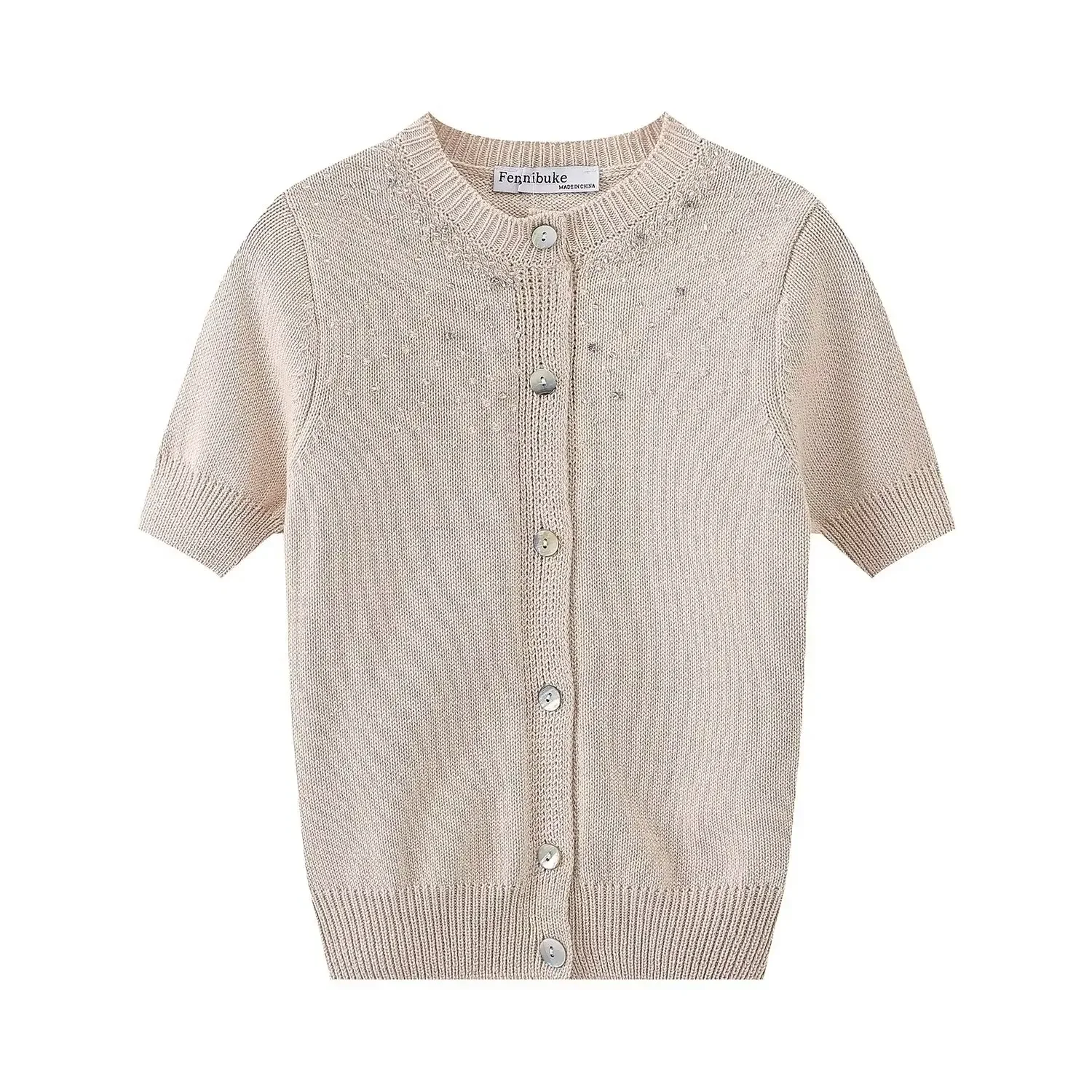 

Women's new fashion beaded decoration casual O Neck ribbed cardigan top retro short sleeved Button up women's coat Chic top