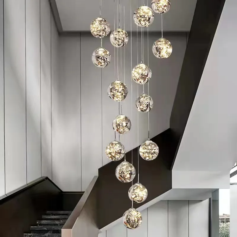 Lámpara de escalera de cielo estrellado, candelabro largo de diseño nórdico, luz de pasillo dúplex, luces colgantes creativas de lujo, salón de apartamento