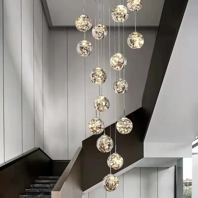 Lámpara de escalera de cielo estrellado, candelabro largo de diseño nórdico, luz de pasillo dúplex, luces colgantes creativas de lujo, salón de apartamento
