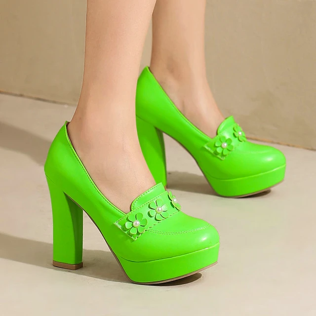 Neon Green Yellow Patent Leather Mixed Color Pumps fluorescent Bright Thin Heels  Pumps Woman Festival High