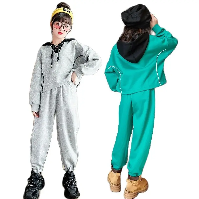 

Kid Girls Hooded Sweater Suit Spring Autumn New Fashion Korean Sportswear Top + Pant 2pcs Teenager Casual Outfits 8 10 12 14 Yrs