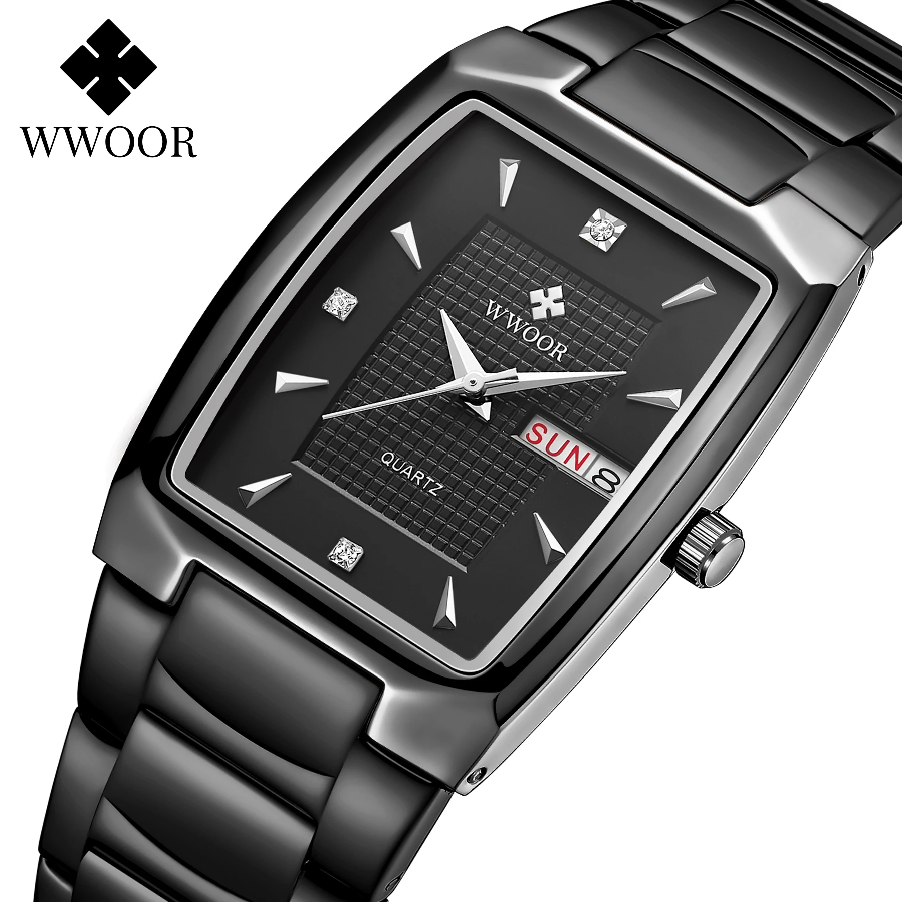 WWOOR Luxury Man Wristwatch Business Stainless Steel Quartz Men Watch Waterproof Date Square Fashion Men's Watches Clock Gifts