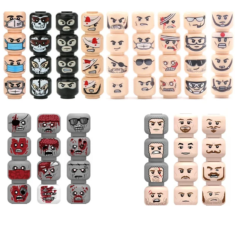 MOC Figures Accessories Head Building Blocks Soldier Injured Expression Doctor Zombie Hero Head Parts Mini Bricks Toys Kids Gift 2