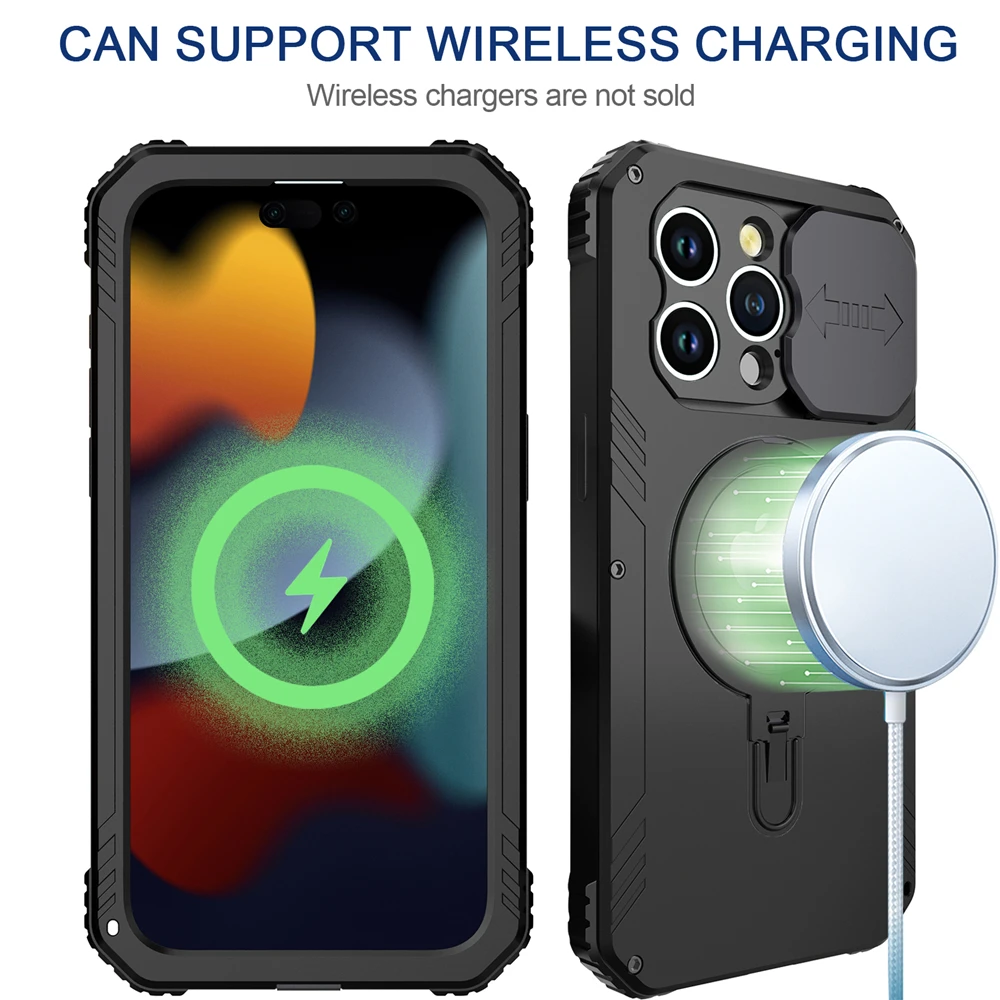 Heavy Metal Shockproof Case For iPhone 15 Pro Max 15 Case Wireless Charging Camera Protection Slide Bracket Aluminum Glass Cover