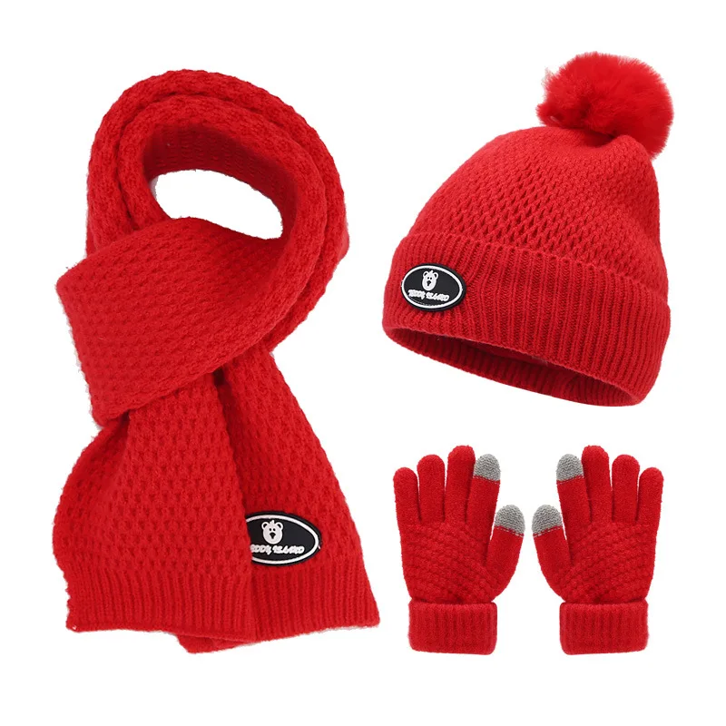 New Winter Children's Hat Scarf Gloves Set Boys Girls Faux Fur Ball Hat Thick Plush Knitted Cap Collar Gloves 3pcs Set