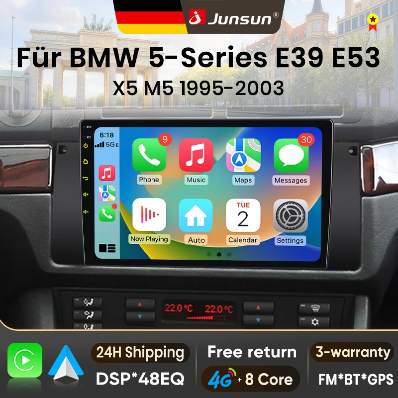 Radio para Auto Junsun de 9 Pulgadas con Android 15 para BMW Serie 5 E39 1995-2003 E53 X5 M5, Inalámbrico, Compatible con Apple CarPlay, Pantalla Auto, Estéreo, Reproductor Multimedia, Video, Sistemas Inteligentes para Auto, Autoradio 2 Din, Unidad Principal, Navegación GPS, Bluetooth, 4G, WIFI, 8 Núcleos, FM, AM, DSP, RDS, DAB+ 1
