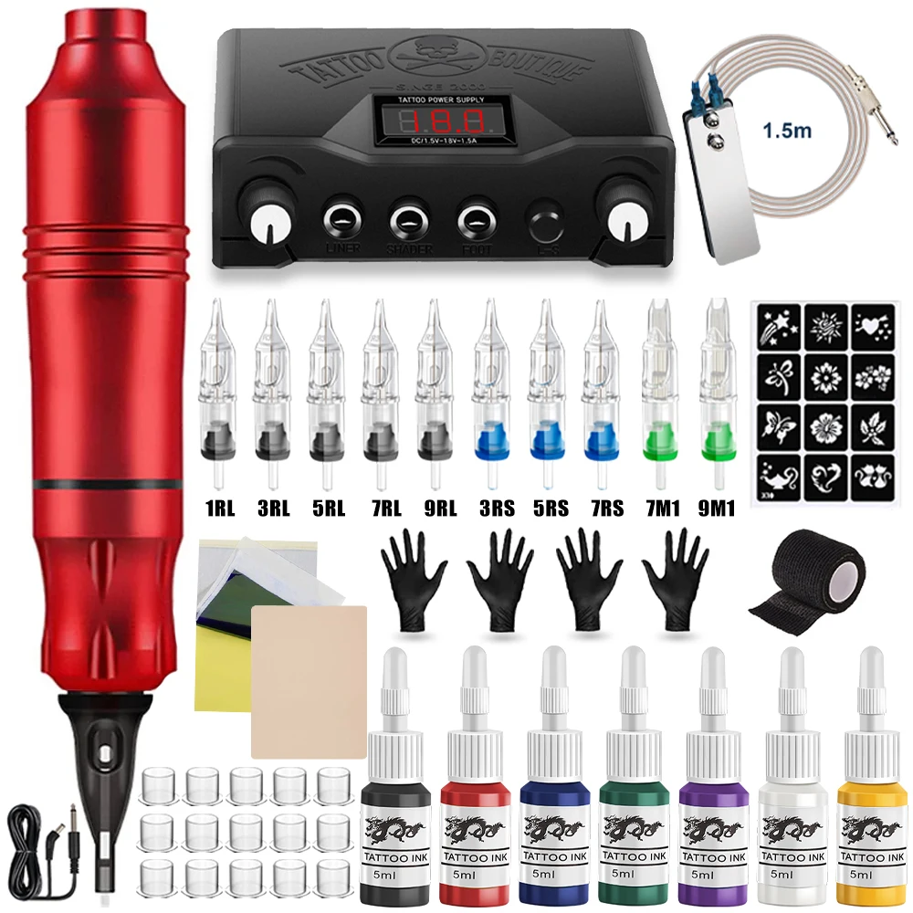 Beginner Tattoo Machine Set Professional Rotary Tattoo Pen with Tattoo Power Supply Cartridge Needle Inks Makeup Tattoo Supplies ophir airbrush nail art set 0 3mm airbrush kit with air compressor 12 color inks 20x stencils brush
