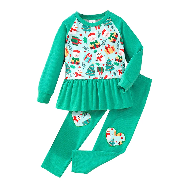 

Girls Christmas Pants Sets Long Sleeve Cartoon Pattern Print Sweatshirt Tops Green Pants Sets