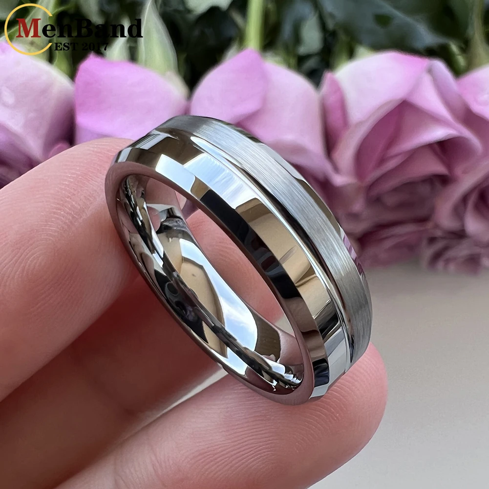 MenBand 6MM 8MM Classic 100% Pure Tungsten Carbide Rings  Men Women Wedding Band Beveled Grooved Finish Comfort Fit