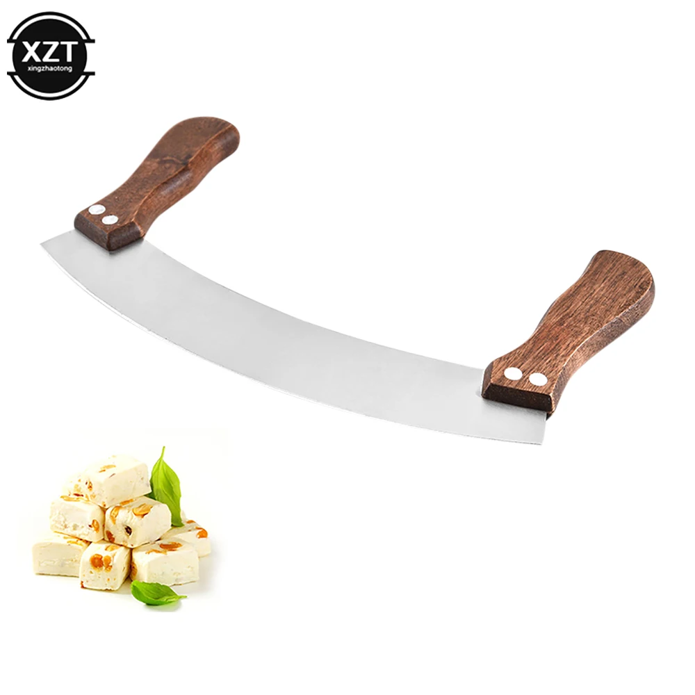Stainless Steel Nougat Knife Home Vegetable Herb Pizza Cutter with Double Wooden Handle Kitchen Cutting Chopping Baking Tools kitchen tools,baking tools