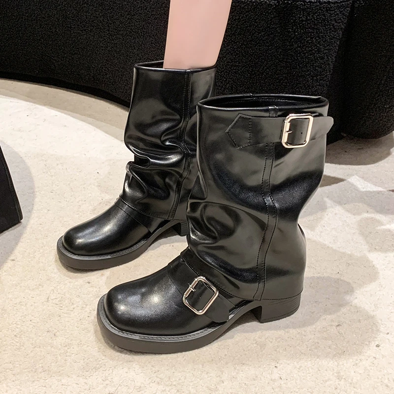 New Winter Boots for Women Medium Heel Thick Chelsea Boots Brand 2024 Pleated Ankle Boots High Heels Gladiator Motorcycle
