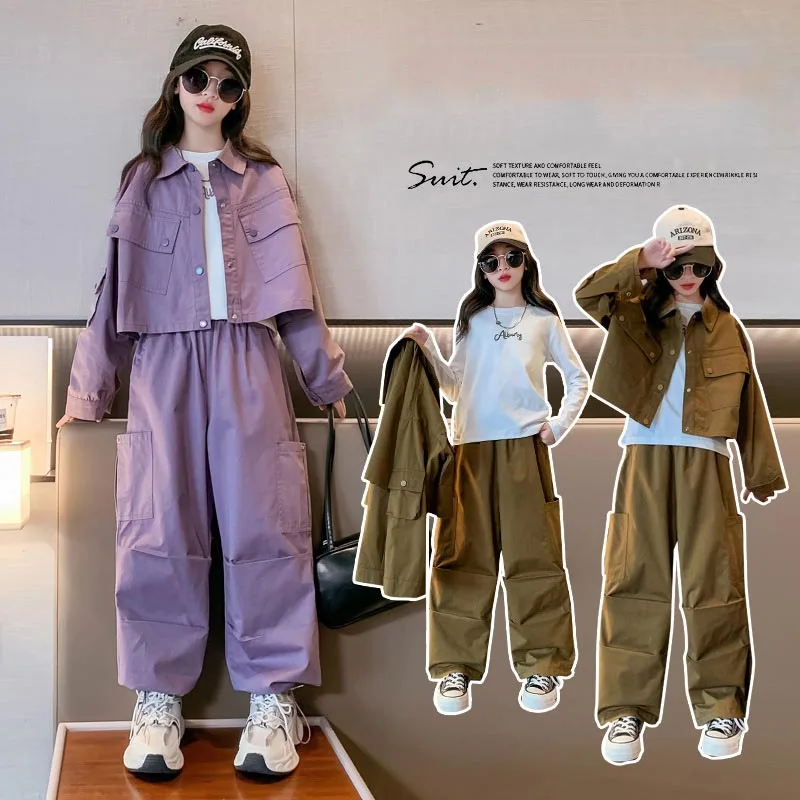 

2024 Korean Spring Autumn Junior Girl Tracksuit Teenager Girl Single-breasted Sport Coats+Cargo Pants School Girl Sport Suit