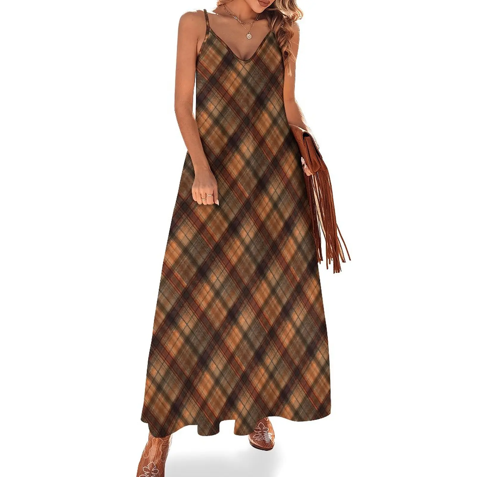

Black and orange tartan. Sleeveless Dress clothing women summer 2023 elegant dress
