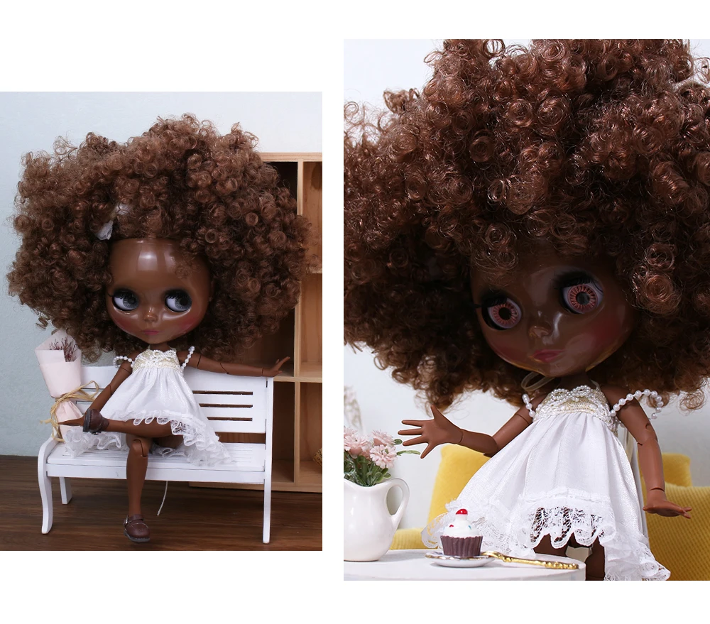 Sutton – Premie Custom Neo Blythe Pop met bruin haar, zwarte huid en glanzend schattig gezicht 4
