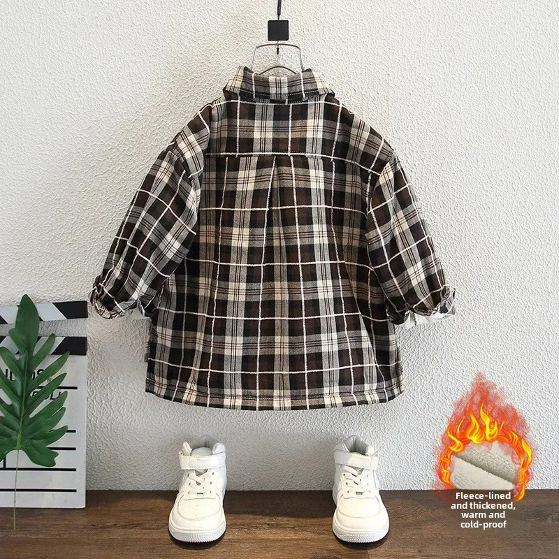 Thickened Fleece Lined Plaid Shirt for Boys Autumn Winter Children's Clothing Baby Outerwear Integrated Velvet Warm Flannel Shir