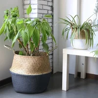 Woven Storage Basket Natural Seagrass Handmade Folding Clthoes Laundry Basket Straw Wicker Rattan Storage Flower Pot Beach Bag 2