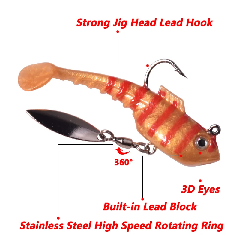 1 Pcs Jig Hooks Silicone Soft Bait With Rotating Spoon​ Sequins T-tail  Wobblers Artificial Fishing Lure for Pike Bass Swimbait