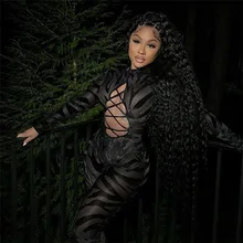 

Sexy Bodysuit Hollow Mesh See-Through Stripe Bodysuit Autumn Clubwear Round Neck High Waist Long Sleeve Bodysui