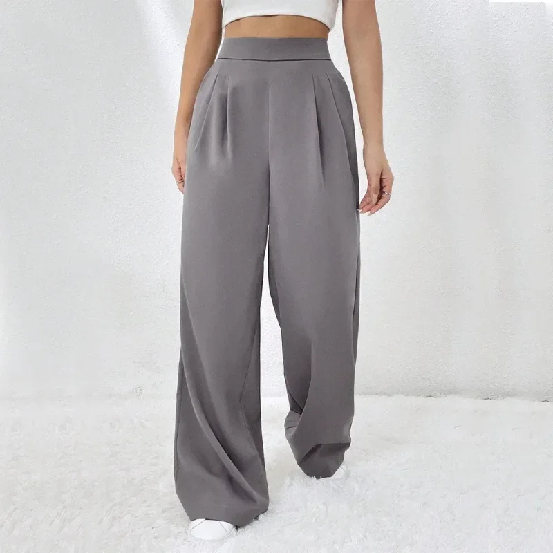2024 New Women's Elastic Waist Pocket Straight Leg Wide Leg Pants Loose Casual Style Long Pants Korean  Streetwear Women YSQ29