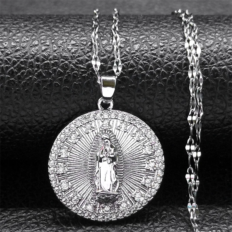 Luxuriöse Jungfrau Maria Kupfer-Zirkon-Medaillen-Anhänger-Halskette für Damen und Herren, Edelstahl Goldfarben Unsere Liebe Frau Kette Schmuck Collier – Detail 5