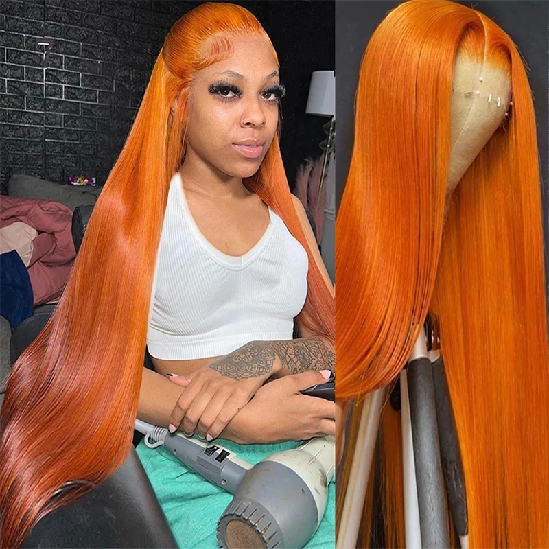 

Orange Straight Ginger Color Synthetic Hair Lace Frontal Wig For Women Glueless Fiber Hair Transparent Lace Wigs