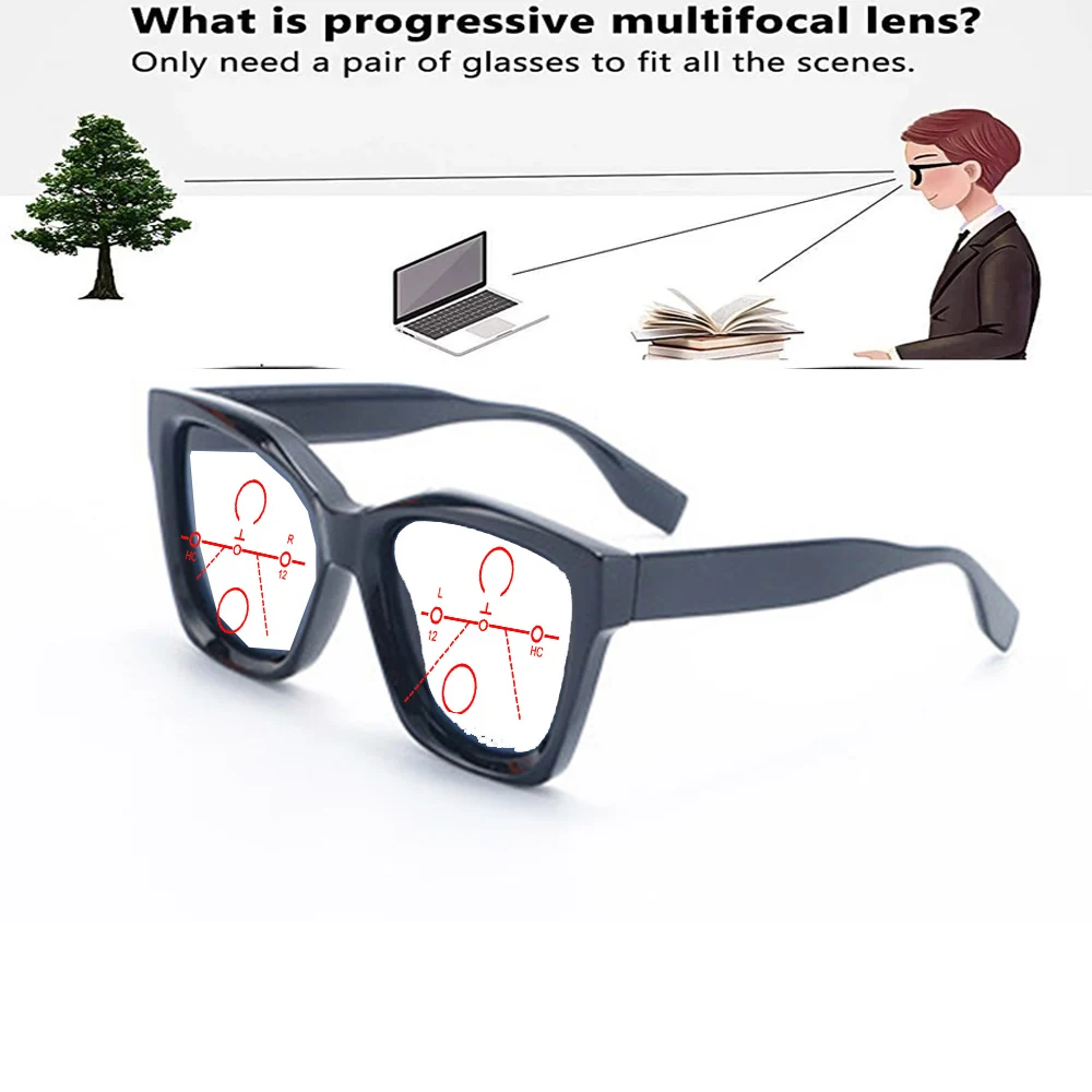

Square Style Handcrafted Frame One-piece Nose Pads Fashion Progressive Multifocal Reading Glasses +0.75 To +4