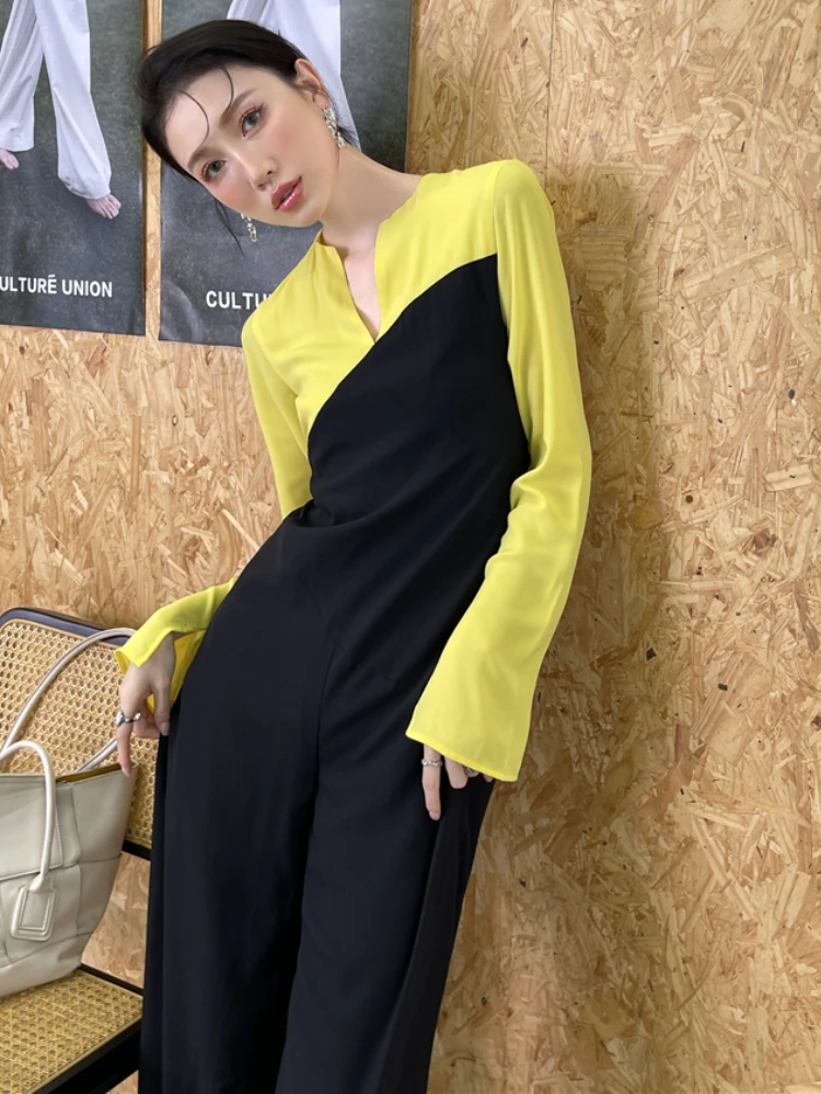 

ZCSMLL Temperament V-neck Long-sleeved Contrasting Color Rompers Design Drape Wide-leg Jumpsuit Women's Spring Summer Jumpsuit