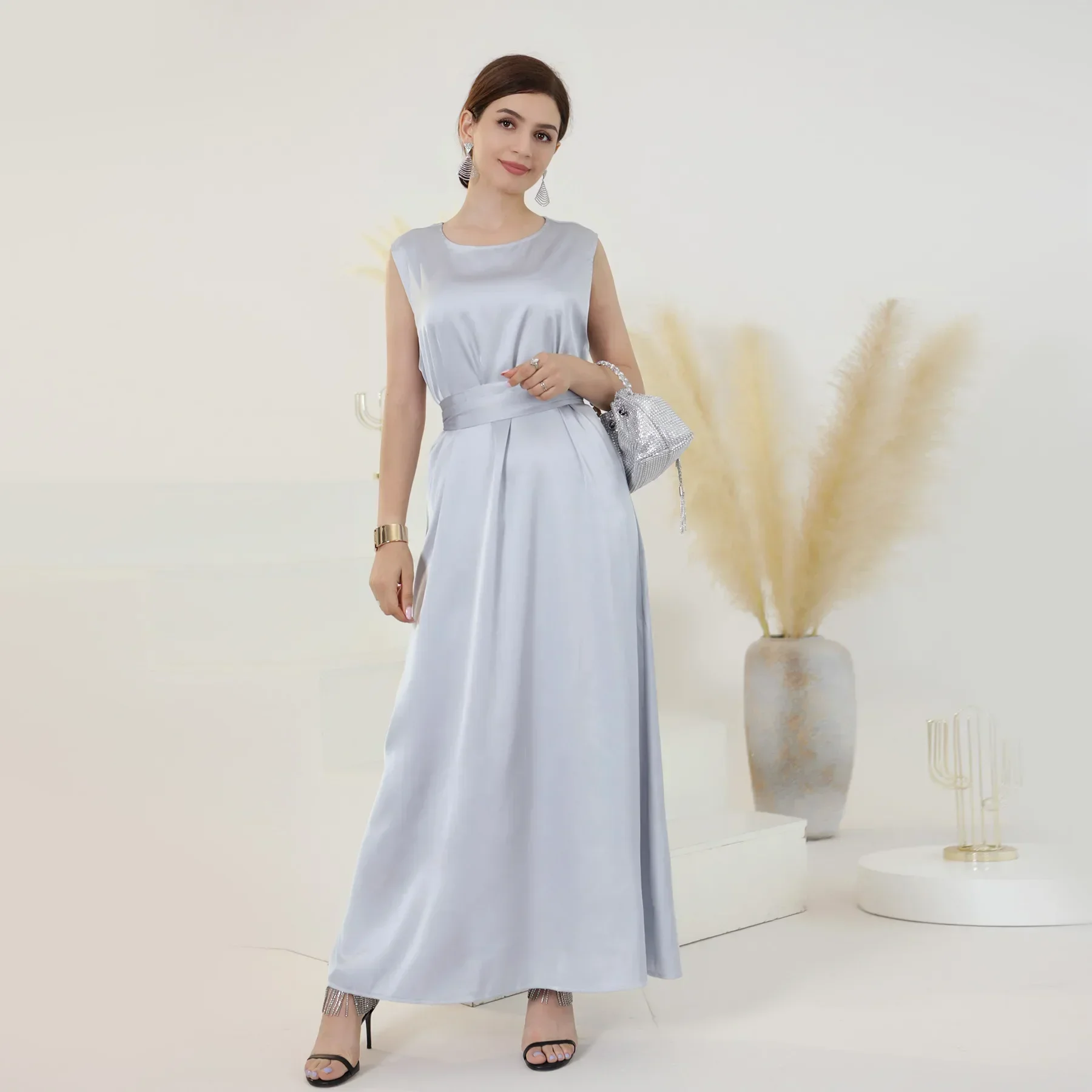 White Satin Under Abaya Sleeveless Slip Inner Dress Muslim All-match Inside Robes Abayas for Women Dubai Turkey Islamic  Kaftan