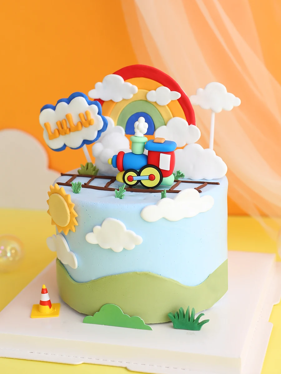 Cartoon Railway Train Cake Decoration Steam Locomotive Ornaments for Boy  Baby Shower 1st Birthday Cake Topper Rainbow Clouds - AliExpress, image size:900x1200