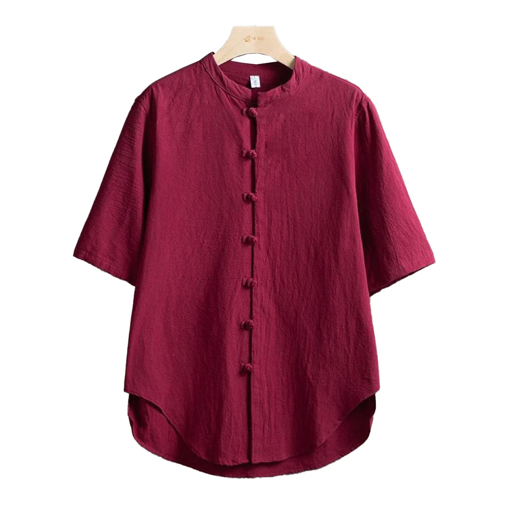 

Men Summer Chinese Tang Style Shirt Stand Collar Vintage Solid Color Cotton Linen Blouse Short Sleeve Button Top Male Shirts