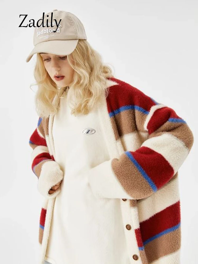 

Zadily 2023 Winter Casual Long Sleeve Striped Women Sweater Cardigan Streetwear Loose Button Up Knit Ladies Coat Warm Clothing