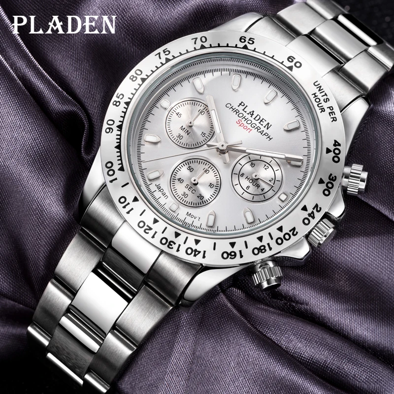 【With Leather Box】PLADEN Men's Quartz Watch Stainless Steel Chronograph Waterproof Watches Classic Business Clock For Gentleman