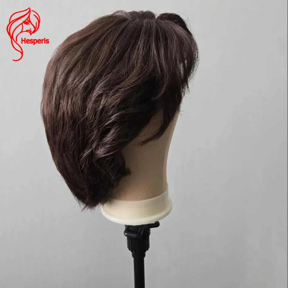 헤스페리스 브라질리언 레미 남성용 가발 프리플럭드 내추럴 웨이비 픽시컷 다크 브라운 딥 파트 레이스 프론트 프리스타일드 인모 가발