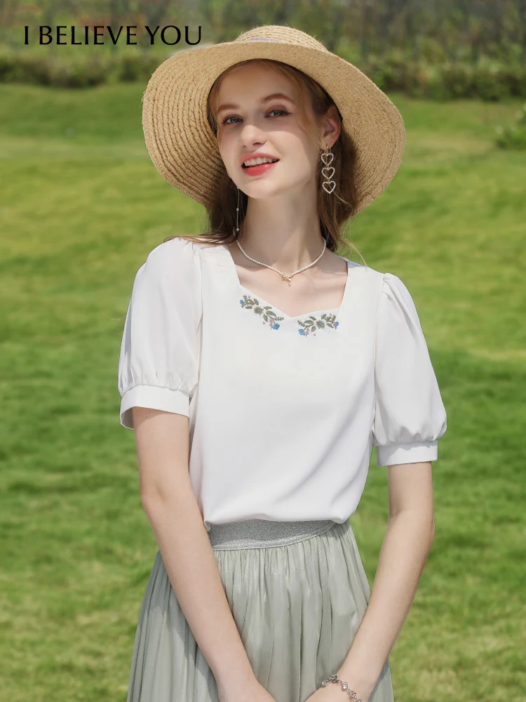 I BELIEVE YOU French Vintage White Chiffon Shirt Women 2023 Summer Square Collar Puff Sleeve Embroidery New Women Top 2232055046