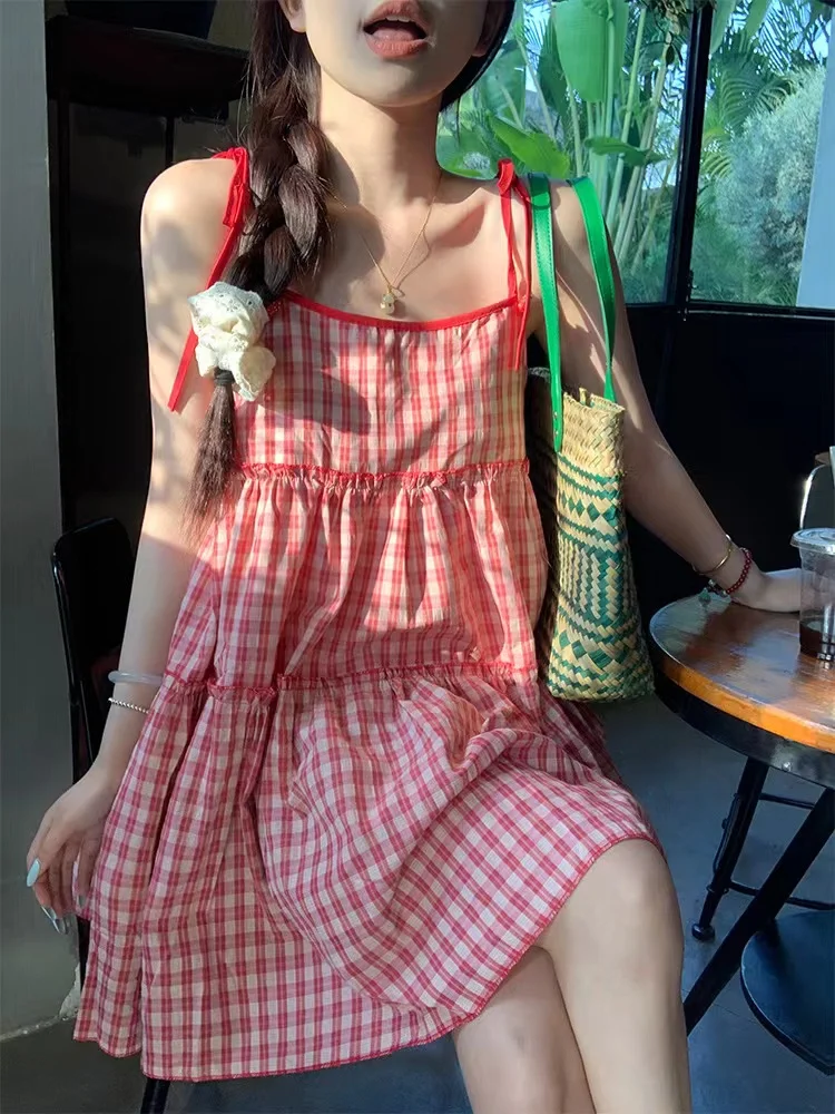 Women Sweet Preppy Style Mini Dress French Style Red Plaid Sleeveless Ruffles Bandage Dresses Summer Y2k Street Vintage Vestidos