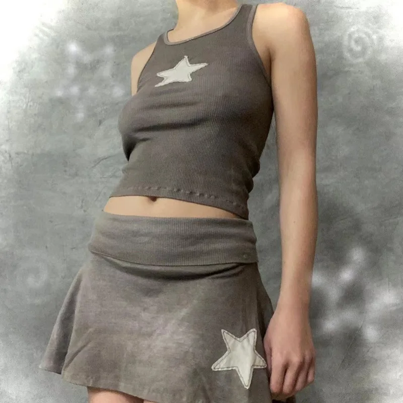 

Women Clothing 2023 Summer New Fashionable Europe and American Style Stars Embroidery Spice Girl Sexy Retro Vest Skirt Set