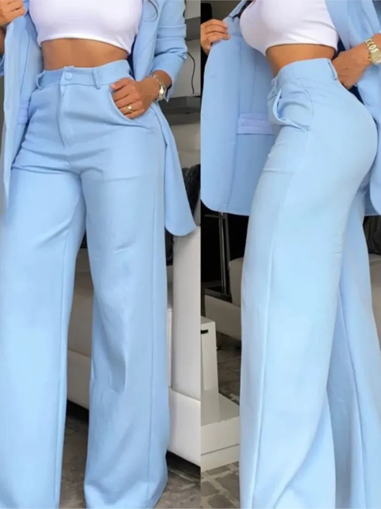 Women's Fashion Solid Suit Two Piece Business Office Casual Elegant Womens Blazer Coat Trousers Set 2024 Autumn Blue Green