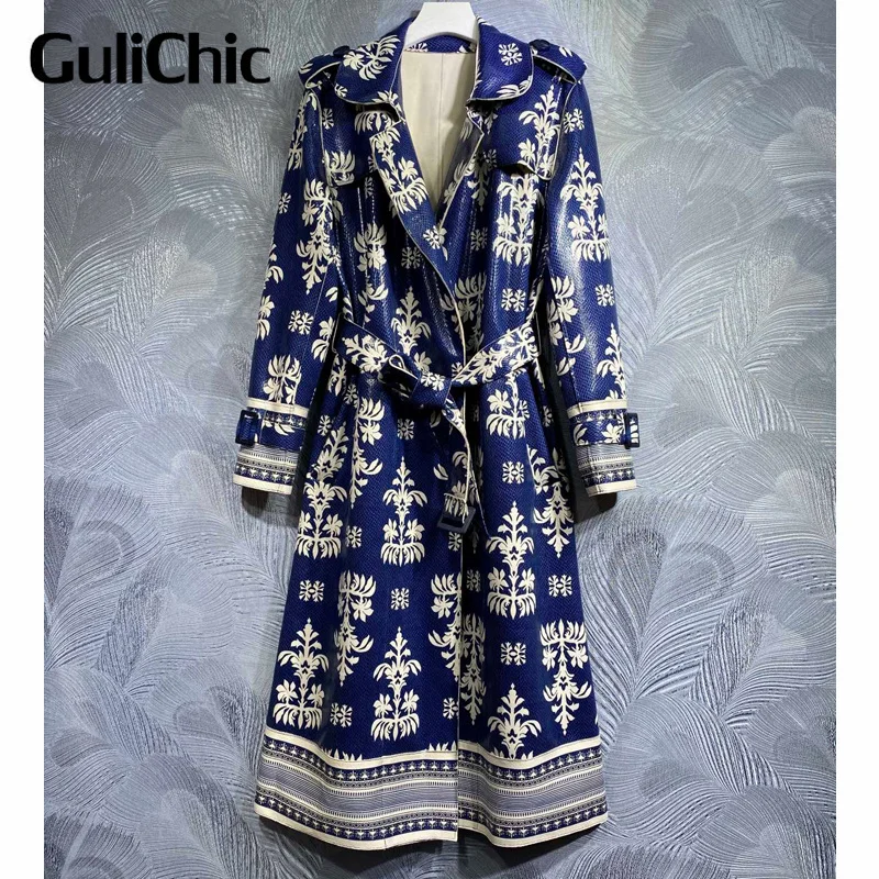 

10.12 GuliChic Contrast Color Spliced Print PU Leather Trench Coat Women Lapel Collar With Belt Long Sleeve Vintage Windbreaker