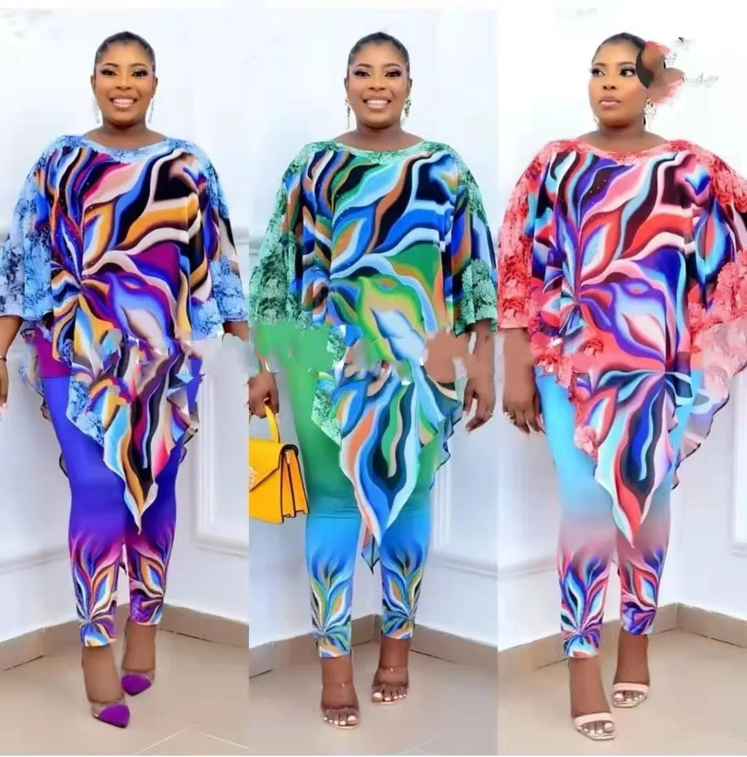 2022 Dashiki African New Fashion Suit (Dress and Trousers)Bat SLeeve Suit Super Elastic African For Lady african fashion style