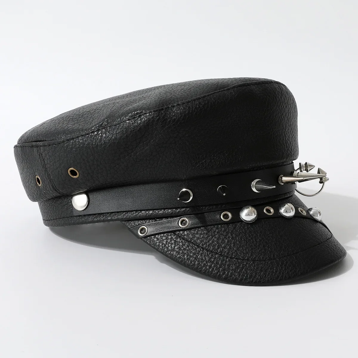 Women Hats Leather Rivet Show Navy Cap Skinny Cap New Niche Punk Hip Hop Wind Beret Black PU Military women military hat mens hat