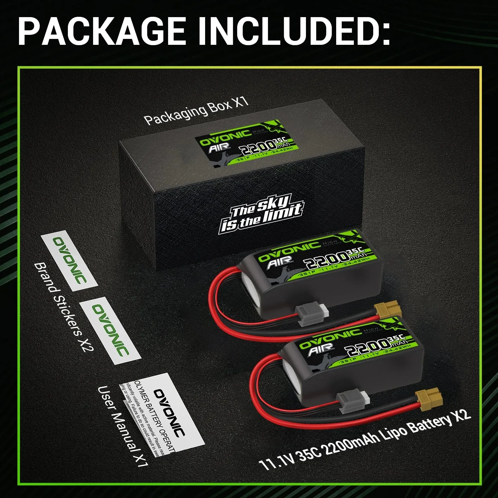 Lot de 4 batteries OVONIC 3S LiPo 2200mAh 35C 11.1V avec connecteurs XT60, prêtes pour usage RC