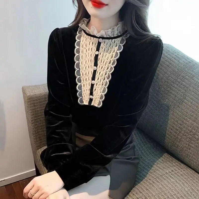 

Women's Autumn Winter 2023 New Elegant Pullovers Round Neck Ruffles Lace Bottom England Style Long Sleeved Fashion T-shirt Tops