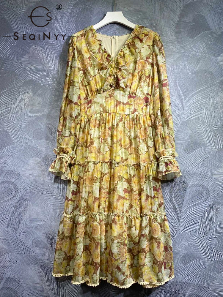 

SEQINYY Elegant Midi Dress Summer Spring New Fashion Design Women Runway High Street Hollow Out Vintage Flower Ruffles Casual