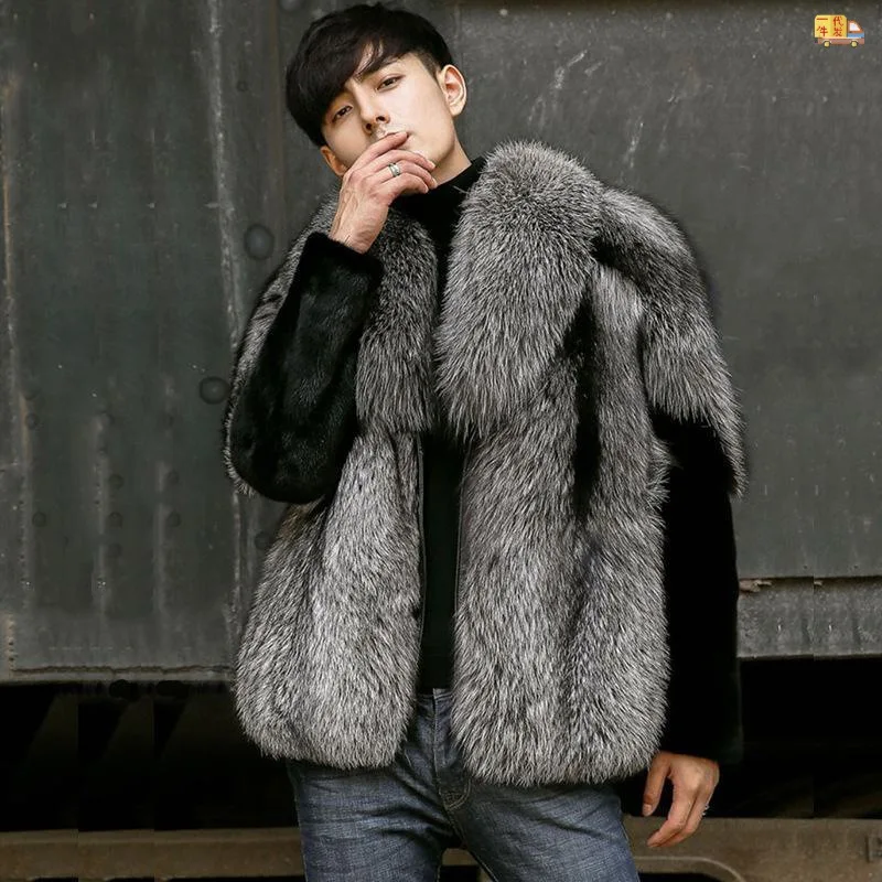 

Luxury Men's Silver Faux Fur Jacket Coat Winter New Stylish Outdoor Lapel Outwear Thicken Warm Soft Fluffy Fuzzy Overcoat Hombre