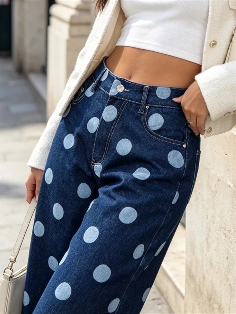 Pantalon en jean ample pour femme, taille basse, imprimé à pois, coupe décontractée, style urbain, pour le quotidien